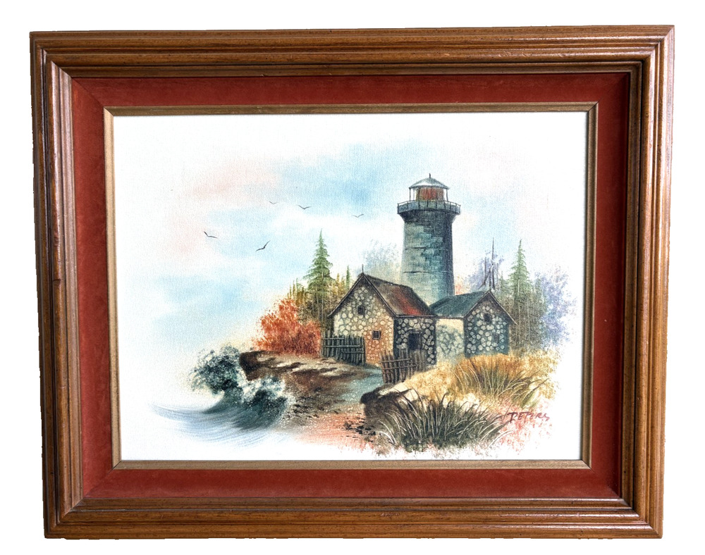 Vintage Seascape Lighthouse Oil Painting Signed By Artist PETERS Framed 21"x17"